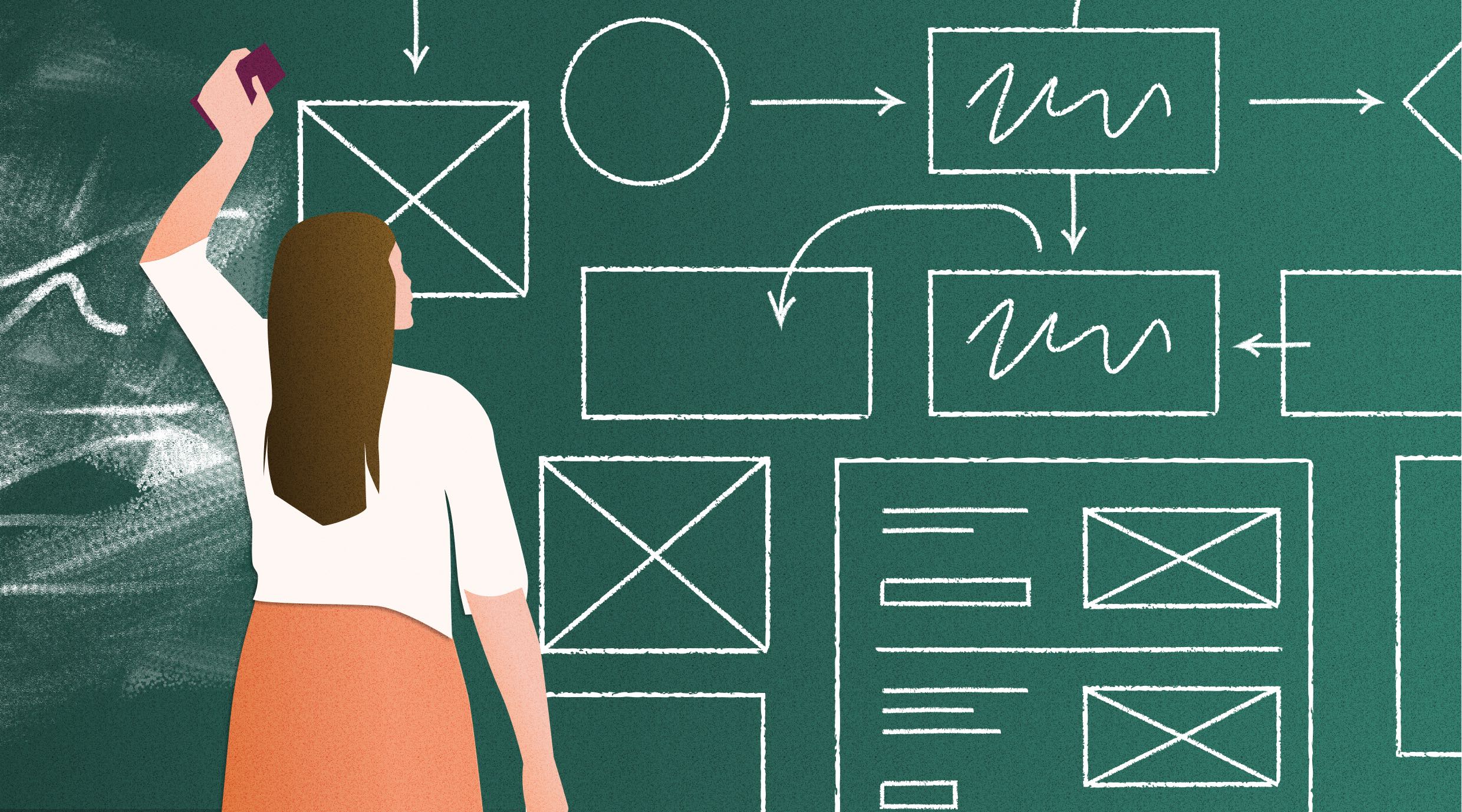A teacher stands at the left side of a green chalkboard, erasing the white chalk marks that show wireframe examples and diagrams.