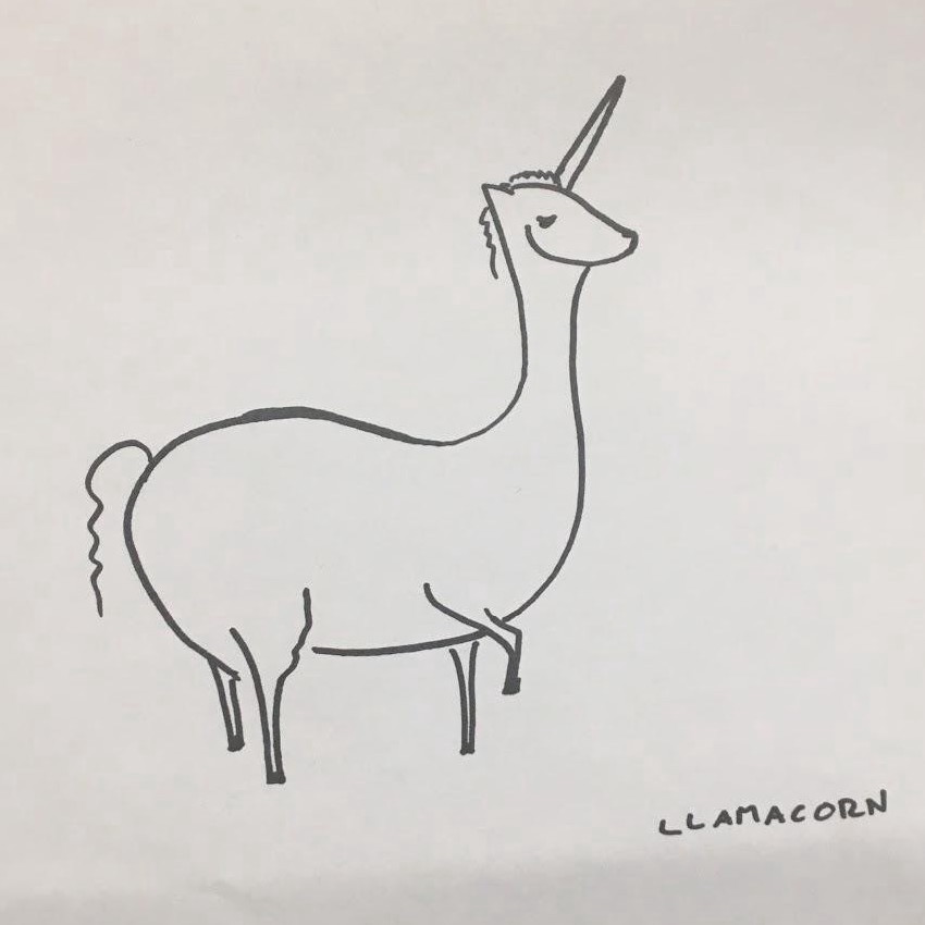 Marker sketch of a llama-like creature with a long horn