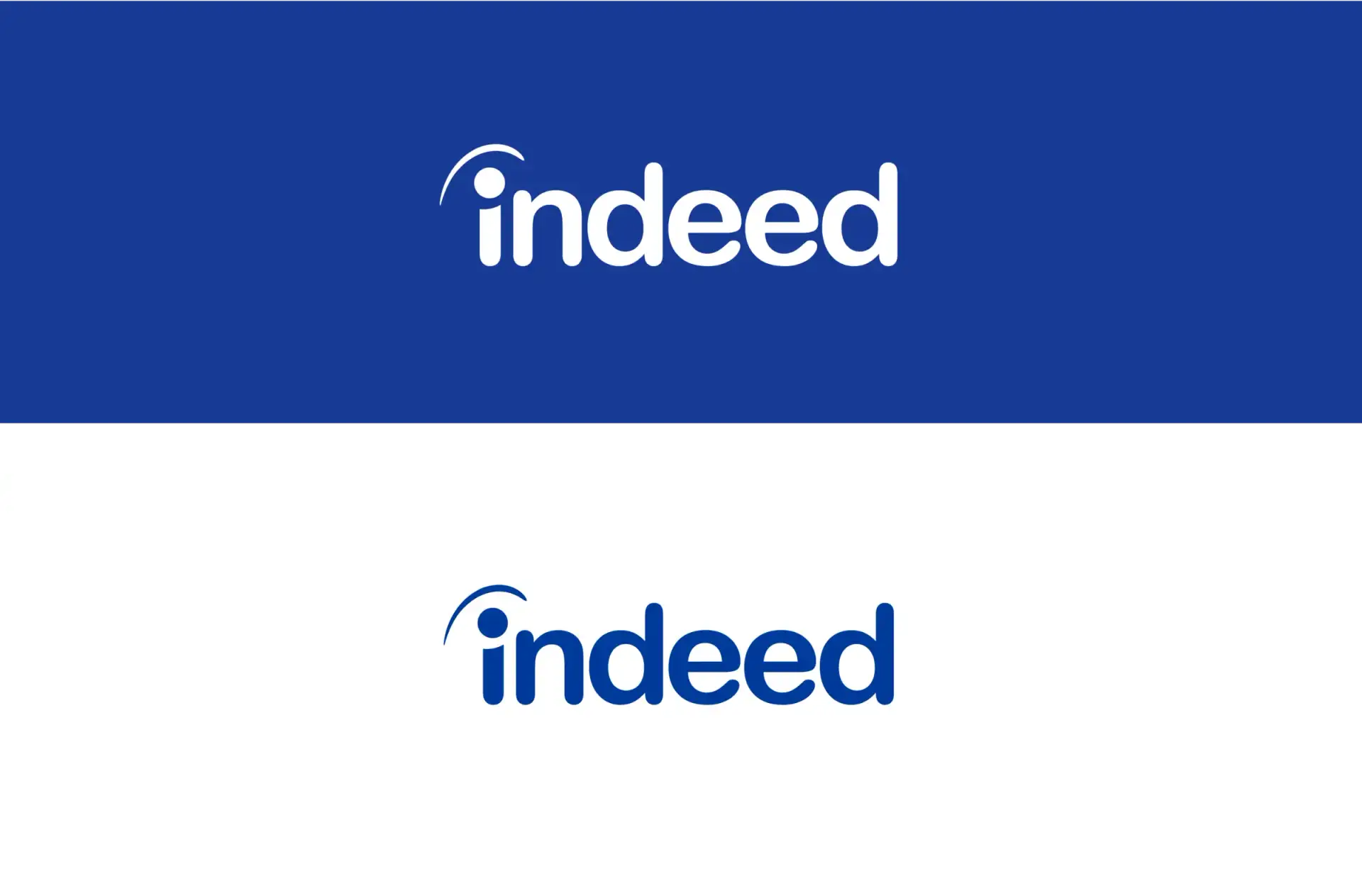 Indeed logo in white on blue and then blue on white