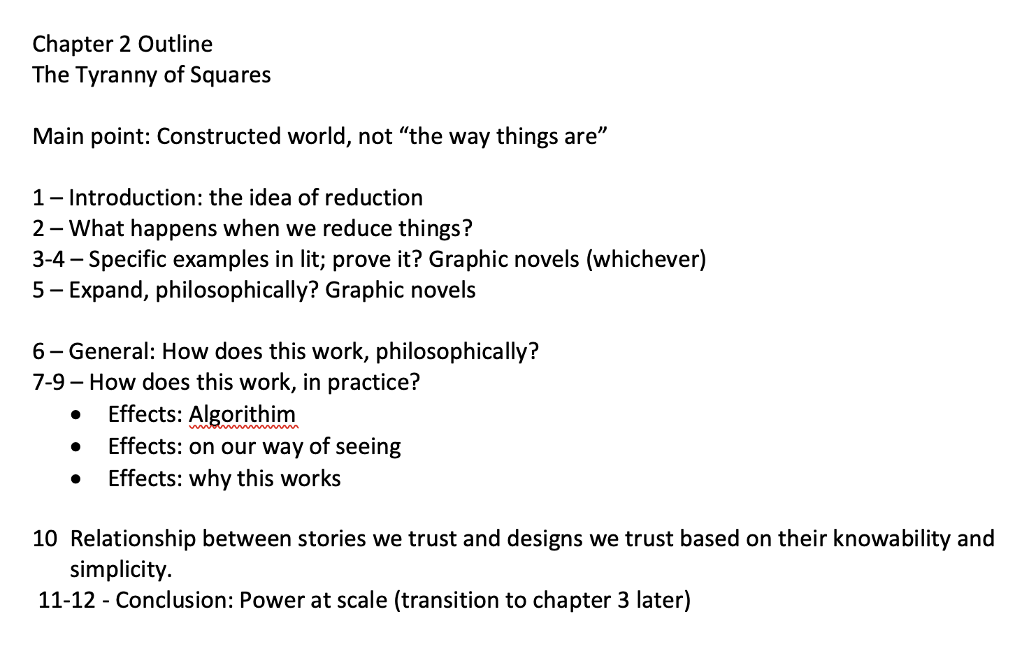 The text of a chapter outline in numbers and bullets. The chapter is titled, "The Tyranny of Squares," and the main point reads, "Constructed world, not 'the way things are.'" Supporting points follow in nested bullets.