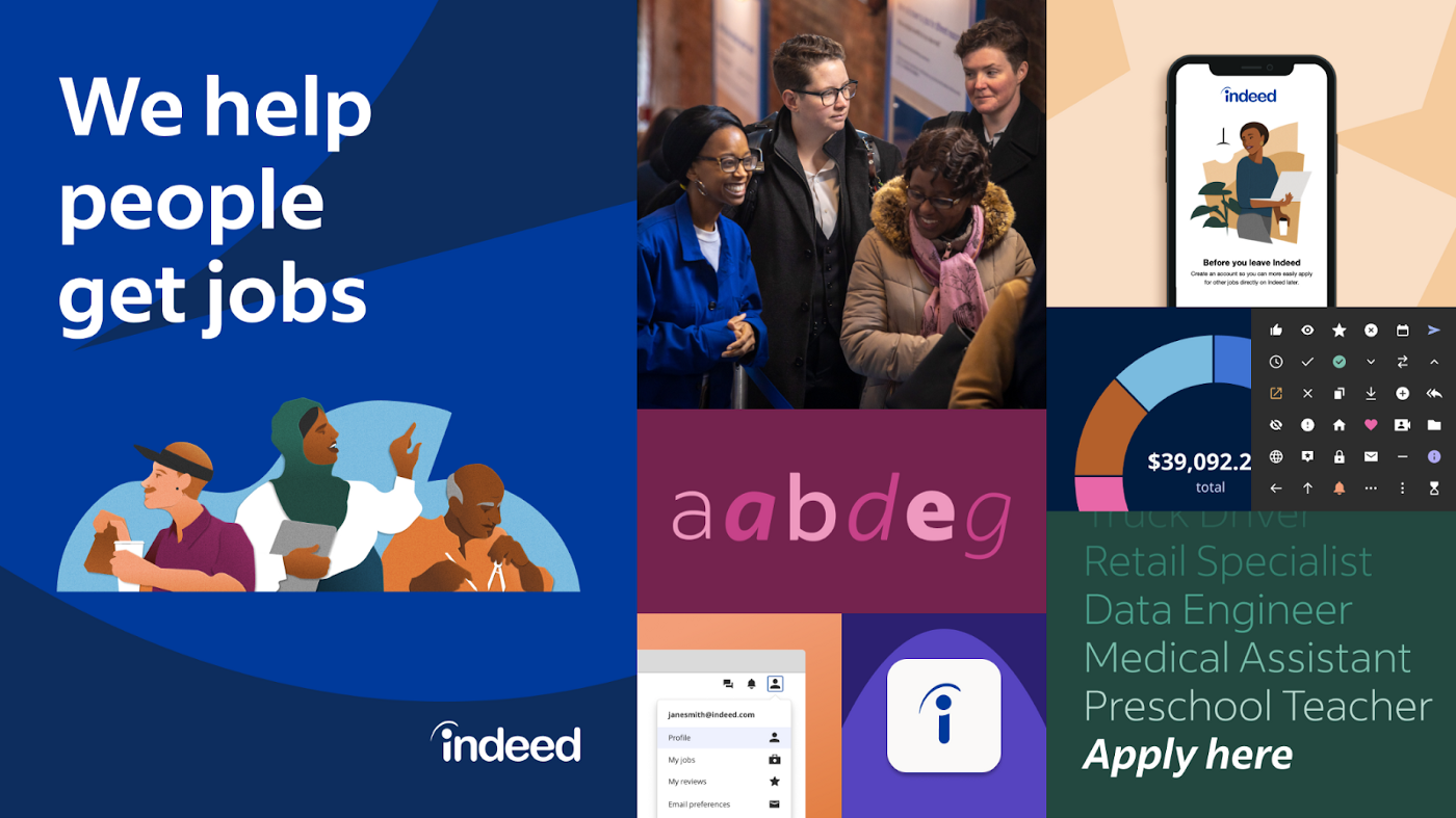 A moodboard showing example uses of Indeed’s brand color, illustration, type, photography, icon, writing style on Indeed.