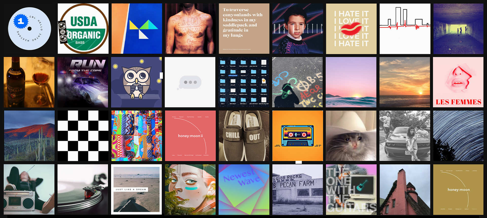 Large grid of thumbnail-size square album covers designed by employees at Indeed to go with their Spotify playlists.