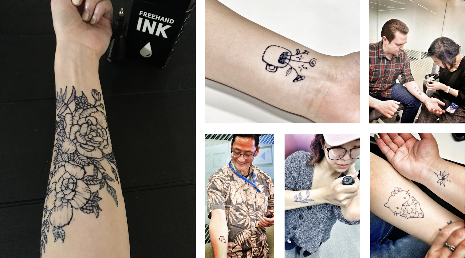 Collage of people in a conference room applying and showing off temporary tattoos
