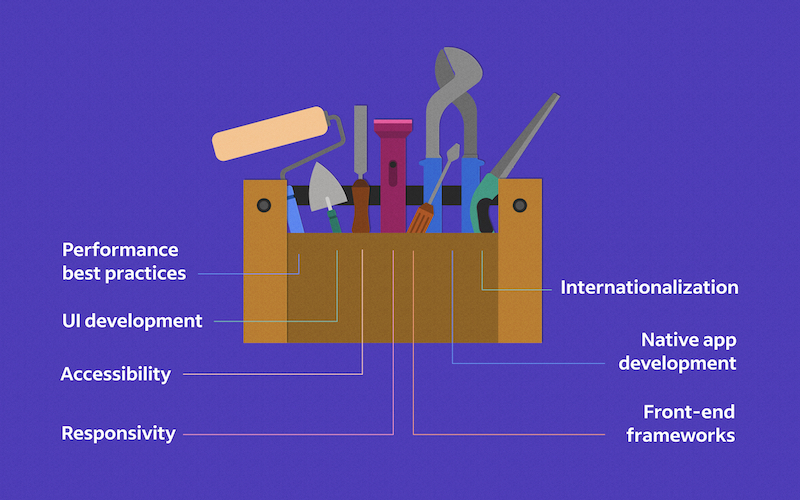 Toolbox with labels on tools. Label text: Performance best practices, UI development, Accessibility, Responsivity, Internationalization, Native app development, Front-end frameworks.