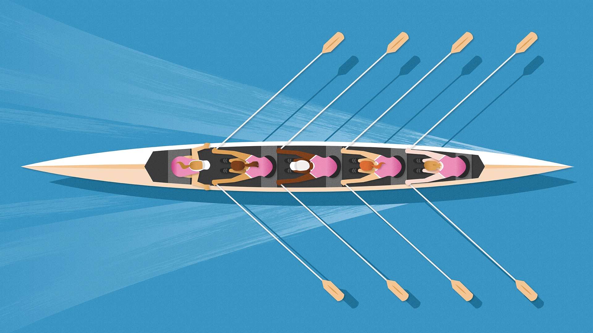 A bird's eye view of a coxswain steering a rowing team as they zip through the water in their boat.