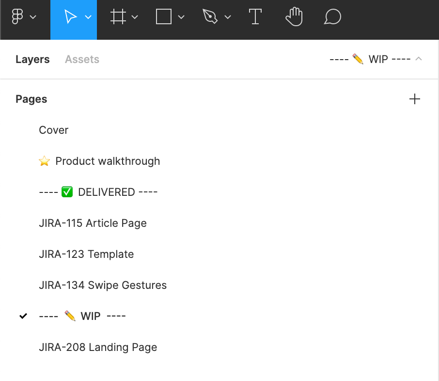 Figma sidebar showing a file’s page names. Text: Cover, Product walkthrough, a section break made with dashes and the word delivered, JIRA-115 Article Page, JIRA-123 Template, JIRA-134 Swipe Gestures, section break made with the abbreviation WIP, JIRA-208 Landing Page.
