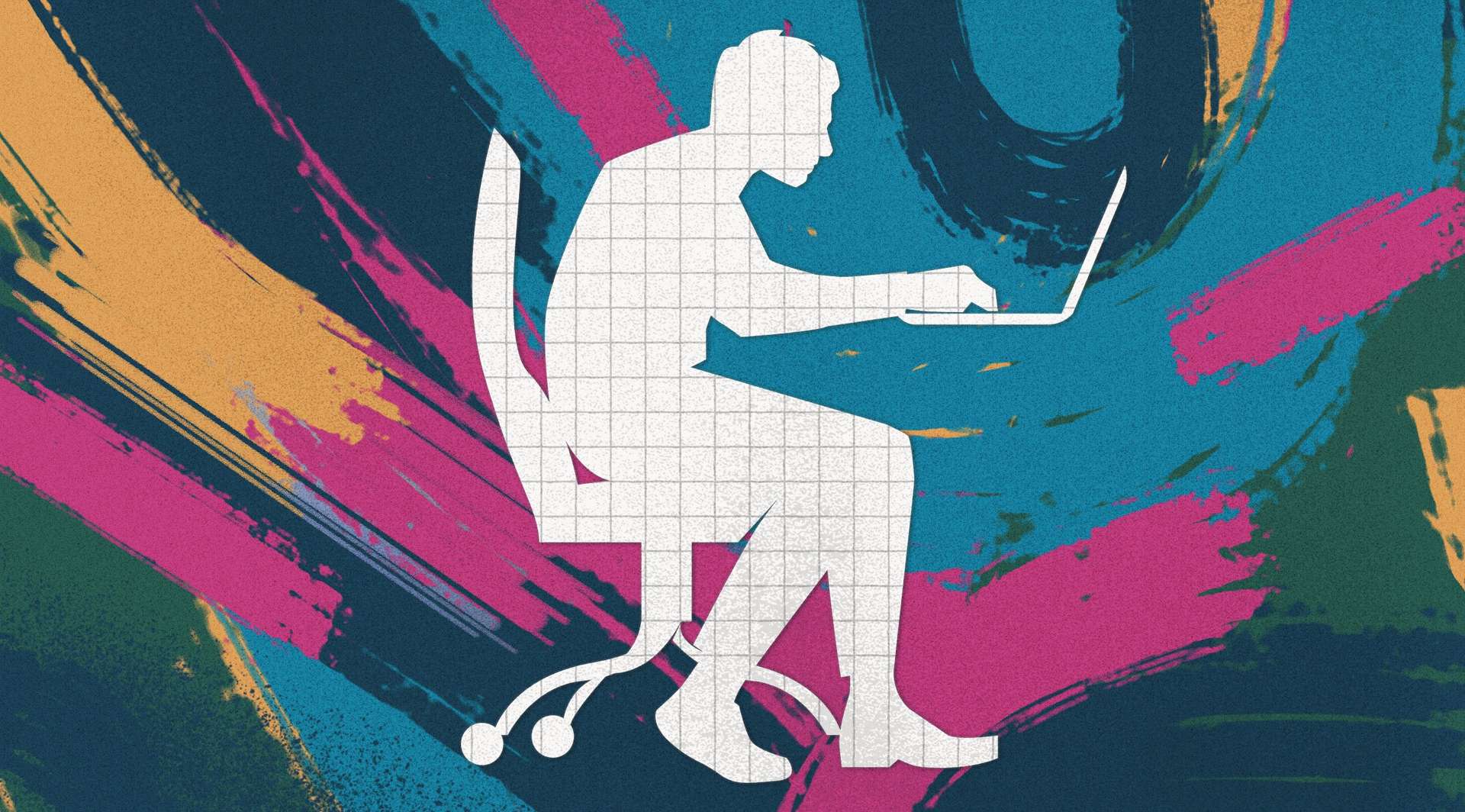 A person sits at a laptop, their silhouette resembling graph paper against a colorful abstract background of blues, greens, pinks, and yellows.