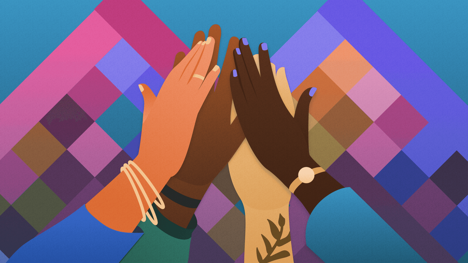 Hands of different skin tones high-five with colors from the Indeed palette in the background.