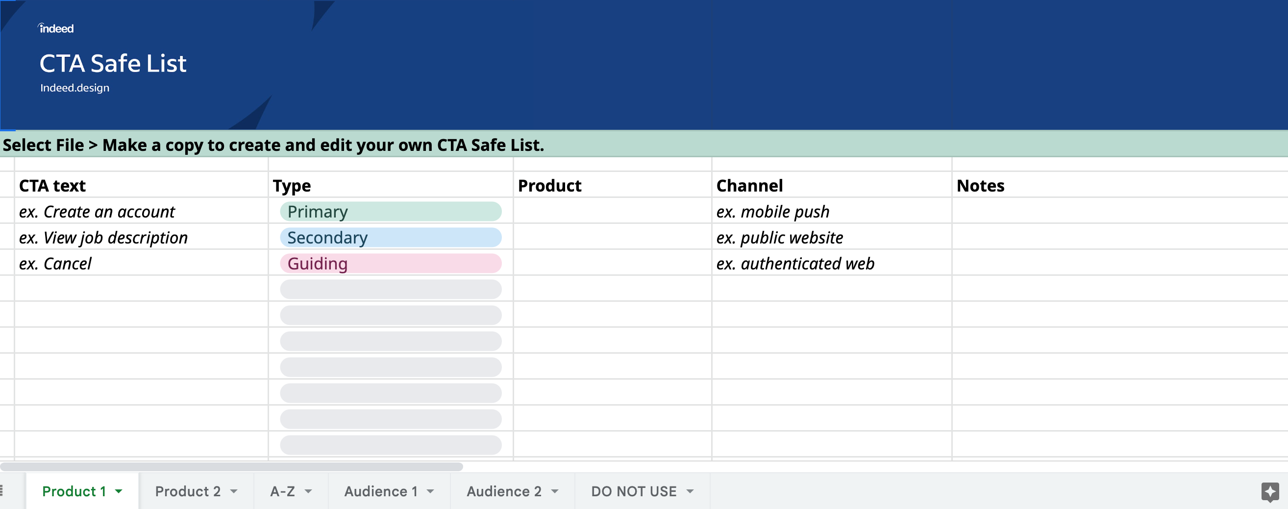 A screenshot of the CTA safelist, displaying example text showing readers how they might use it themselves.