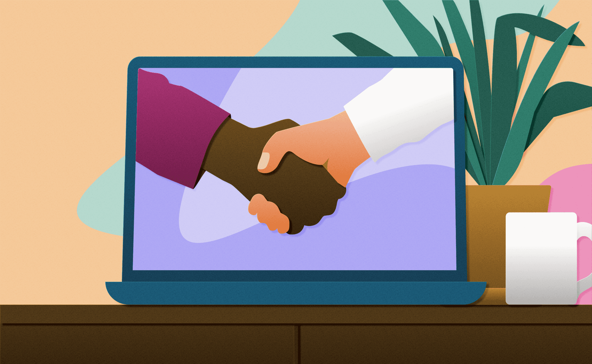 Illustration of a laptop screen showing a handshake between two people with different skin colors.