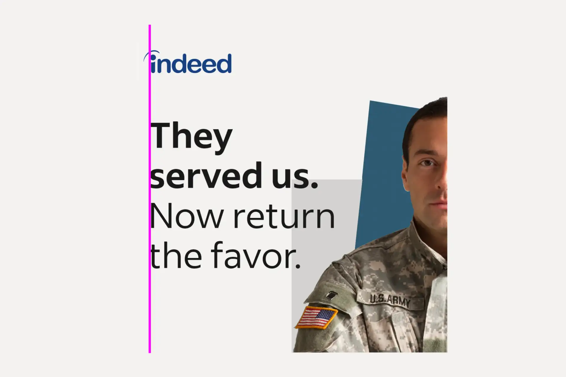 A vertical pink line aligns the left edge of the “i” in the Indeed logo with the left edge of text below it